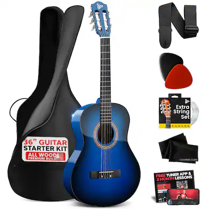 NO T Extra String Set E, A, D, G, B, E, 36" GUITAR STARTER KIT ALL WOOD PREMIUM BUILD CLEANING CLOTH TUNER APP & FREE LESSONS 2 MONTH