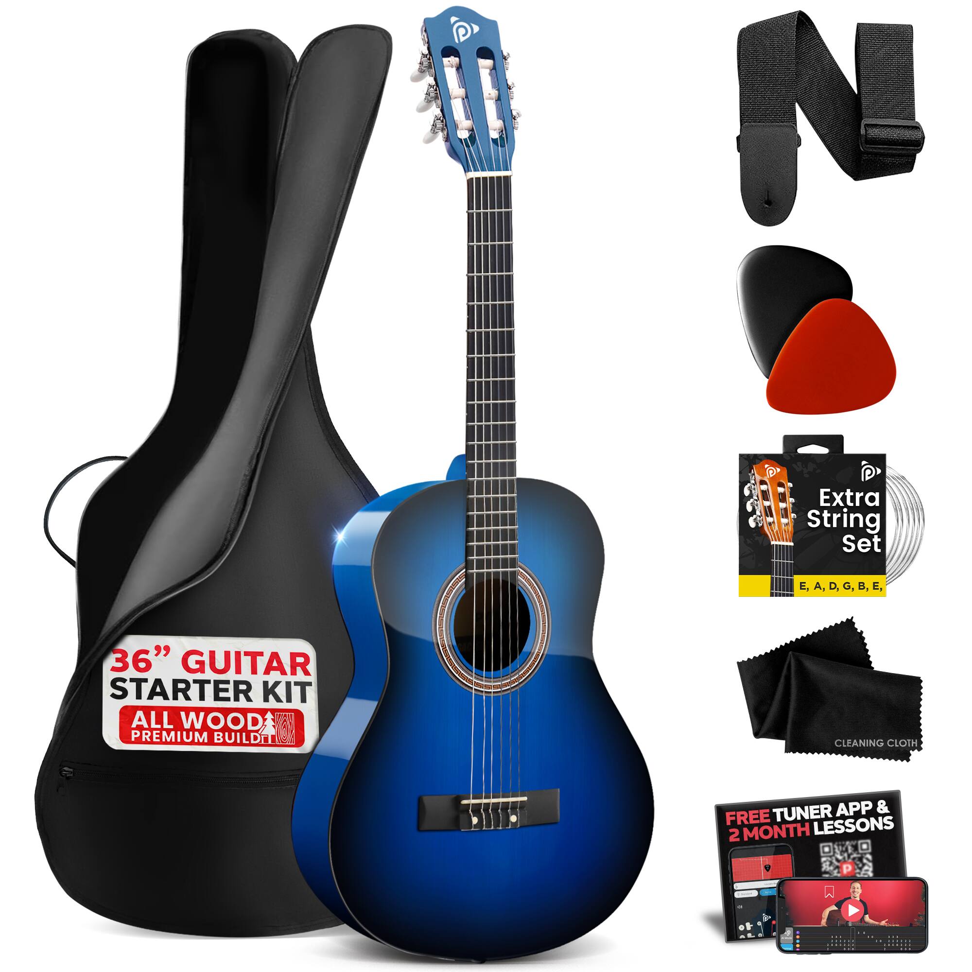 NO T Extra String Set E, A, D, G, B, E, 36" GUITAR STARTER KIT ALL WOOD PREMIUM BUILD CLEANING CLOTH TUNER APP & FREE LESSONS 2 MONTH