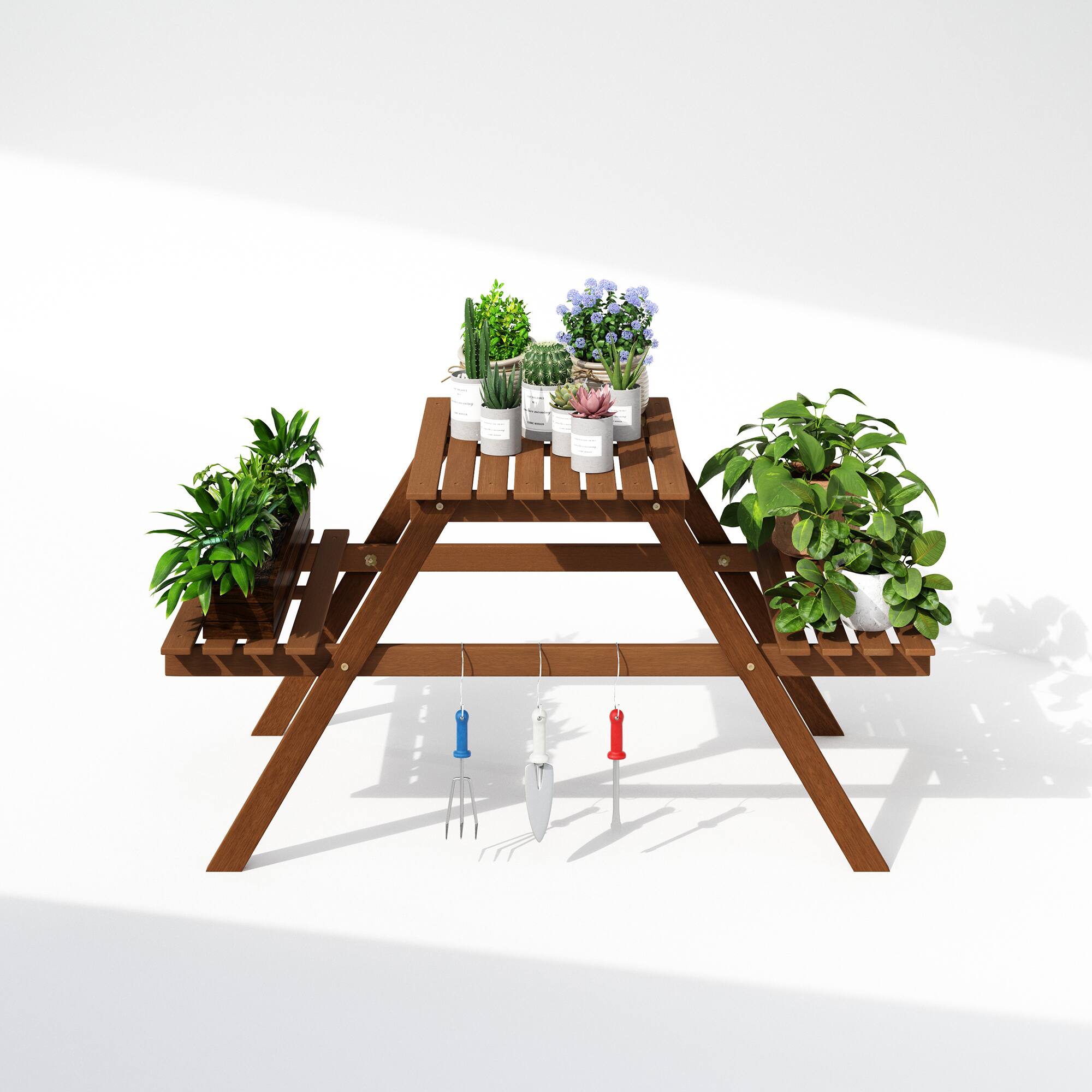 Alt View 4. Furinno - Tioman Outdoor Hardwood 3-Tier Freestanding Plant Stand, Plant Shelf Organizer - Natural.