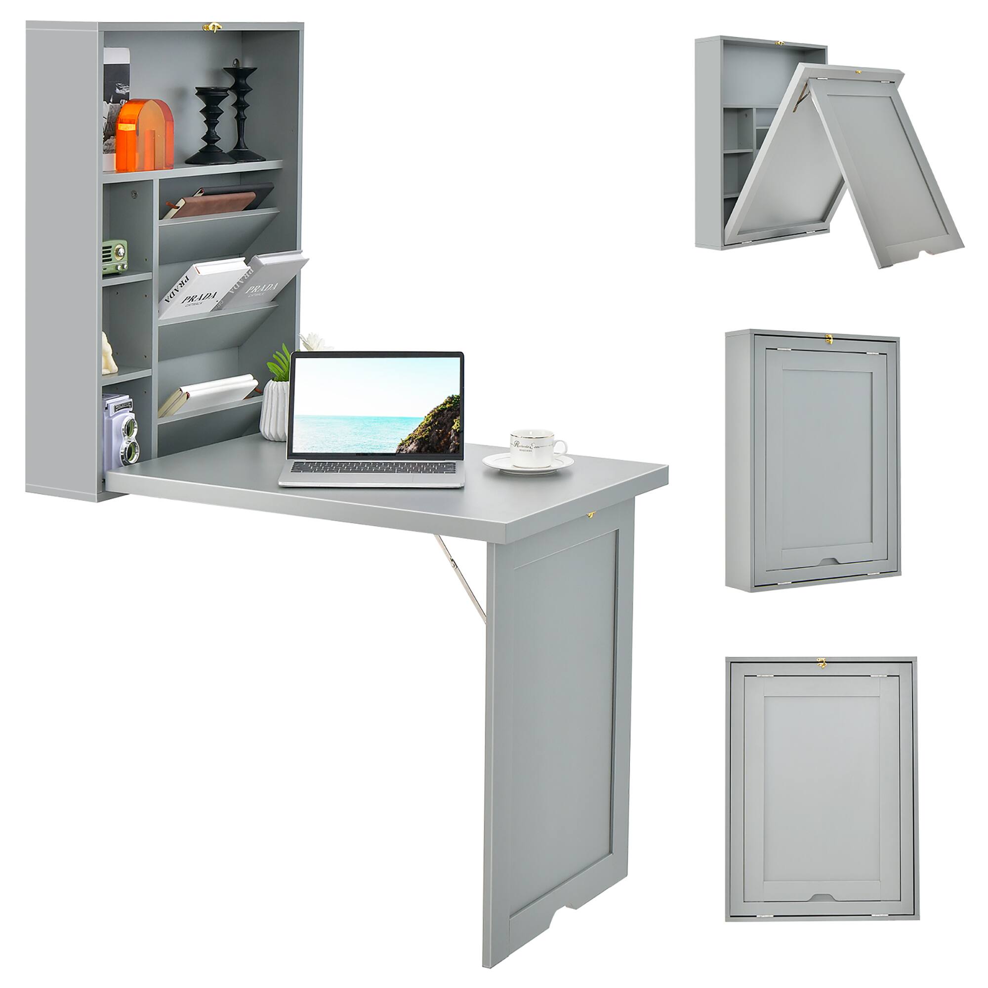 Costway - Wall Mounted Computer Convertible Desk with Bookcases - Gray