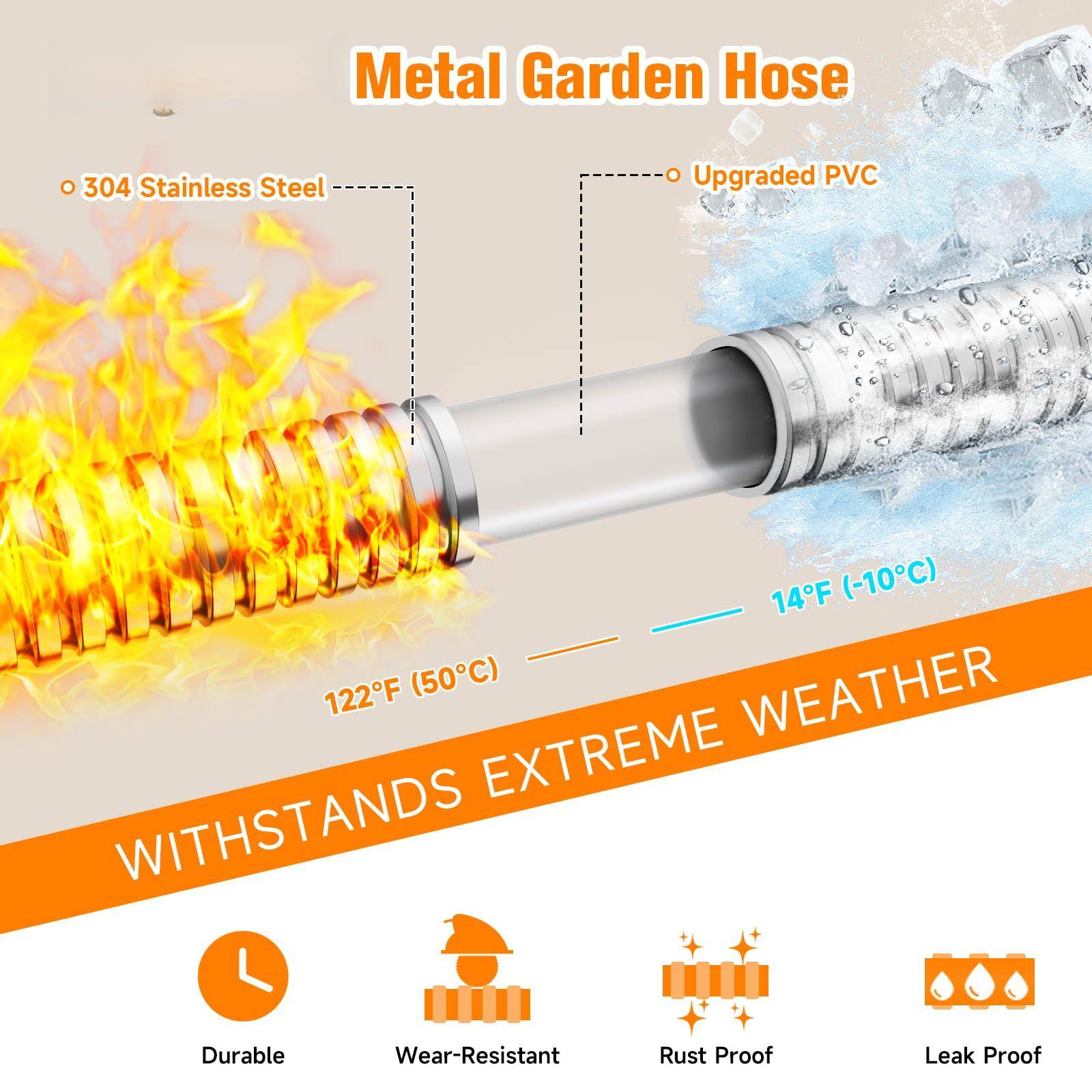 Metal Garden Hose

- 304 Stainless Steel
- Upgraded PVC

WITHSTANDS EXTREME WEATHER

- 122°F (50°C)
- 14°F (-10°C)

Durable
Wear-Resistant
Rust Proof
Leak Proof