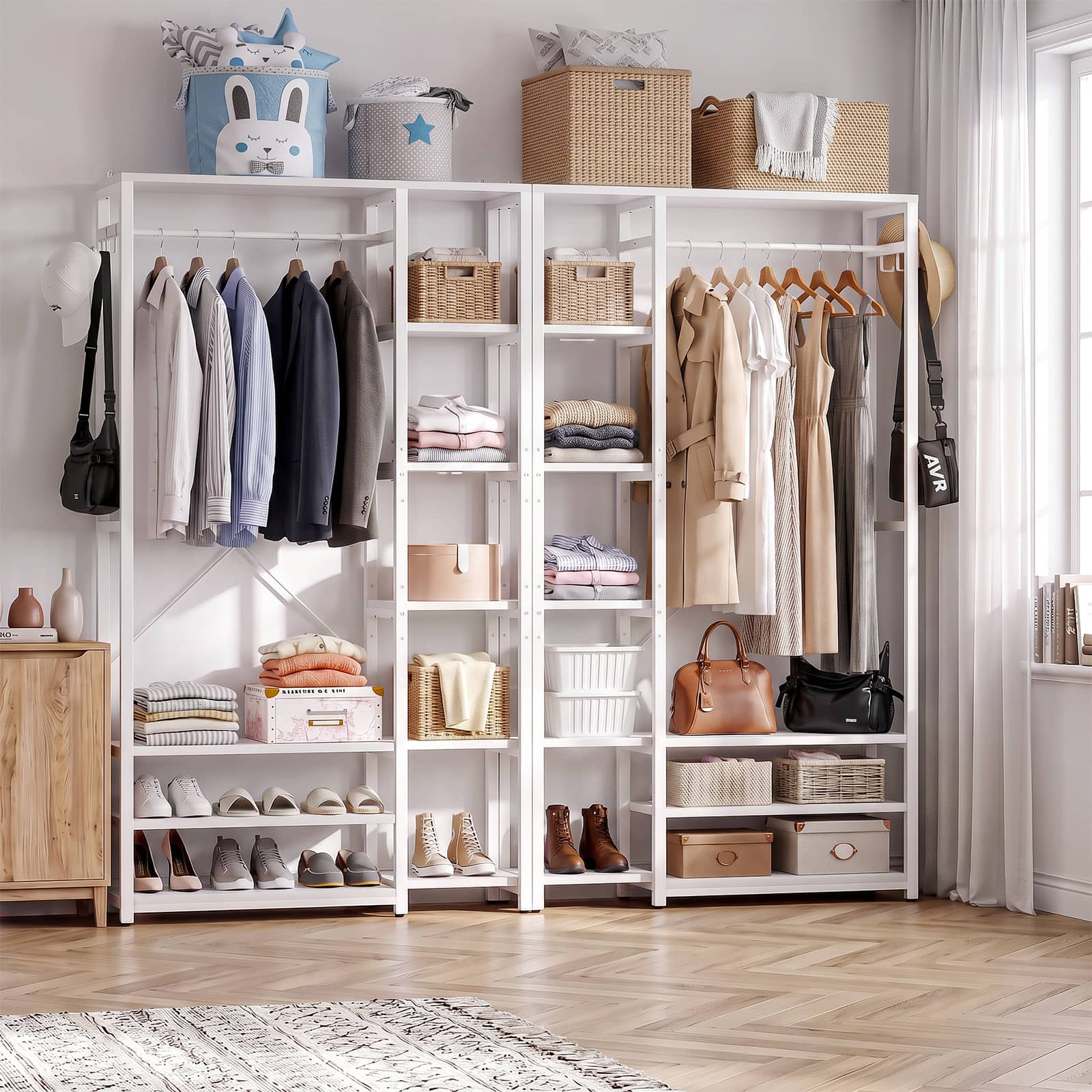 Aheaplus - 70.8" Tall 2-Piece Clothing Rack, with 18 Open Shelves, 2 Hanging Rods, and 4 Metal Hooks - White