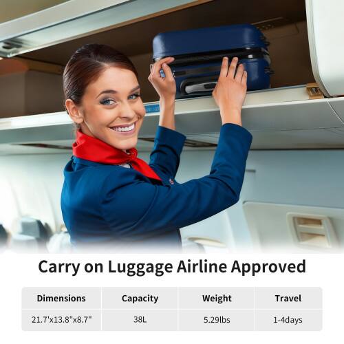 Carry on Luggage Airline Approved

Dimensions: 21.7" x 13.8" x 8.7"
Capacity: 38L
Weight: 5.29lbs
Travel: 1-4 days