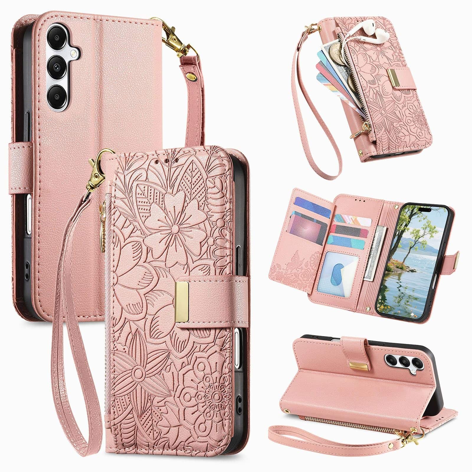 UUCOVER - Floral PU Leather Wallet Case for Samsung Galaxy A16 5G with Zipper Pocket, Cash Card Slot, Shoulder & Wrist Strap - Rosegold price history on PriceWatchPro