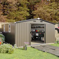 Front. Anysun - 10x12ft Heavy-Duty Metal Storage Shed with Lockable Doors & Windows, Outdoor Garden Tool Shed for Garden or Patio - Brown.