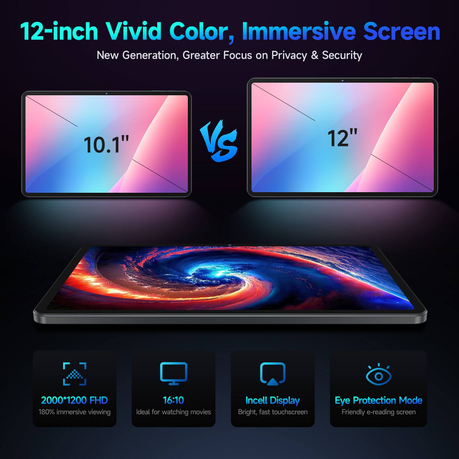 12-inch Vivid Color, Immersive Screen
New Generation, Greater Focus on Privacy & Security
10.1" VS 12"
2000*1200 FHD
180% immersive viewing
16:10
Ideal for watching movies
Incell Display
Bright, fast touchscreen
Eye Protection Mode
Friendly e-reading screen