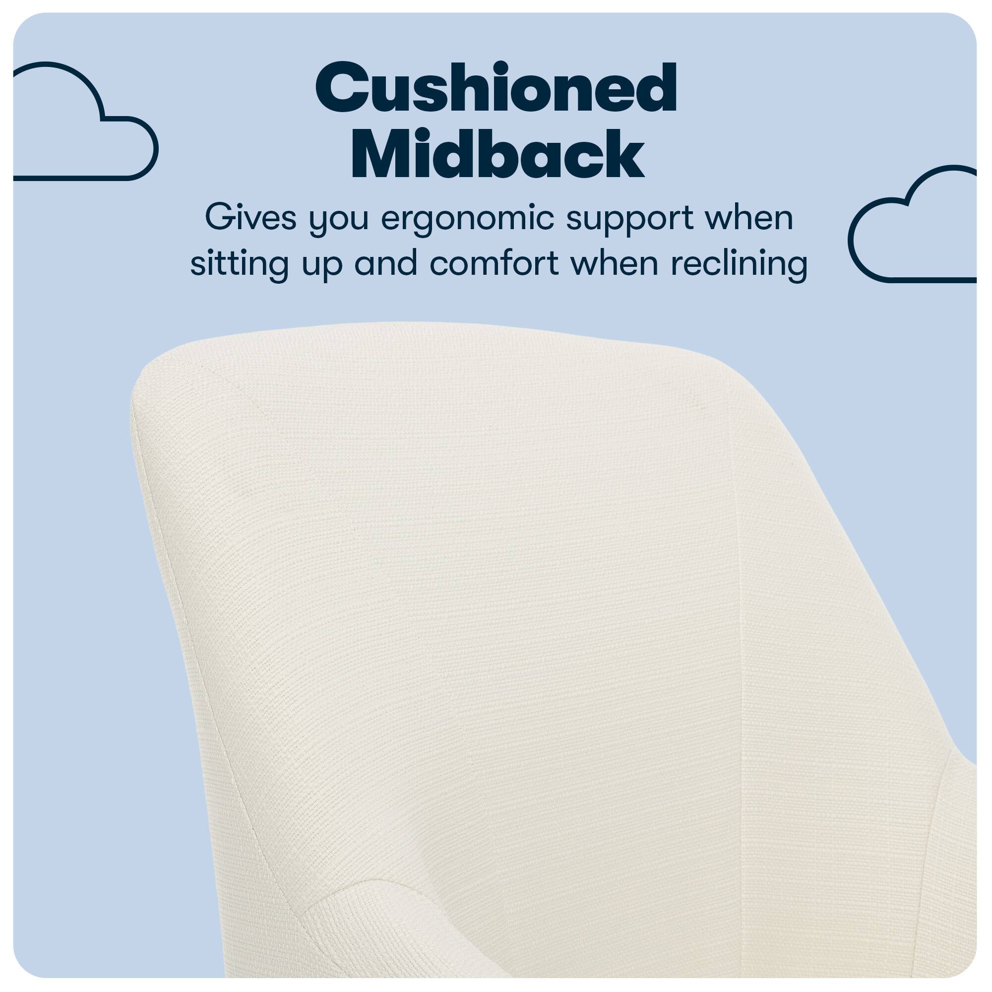 The image features a white chair with a cushioned midback design, providing ergonomic support for sitting up and comfort when reclining.