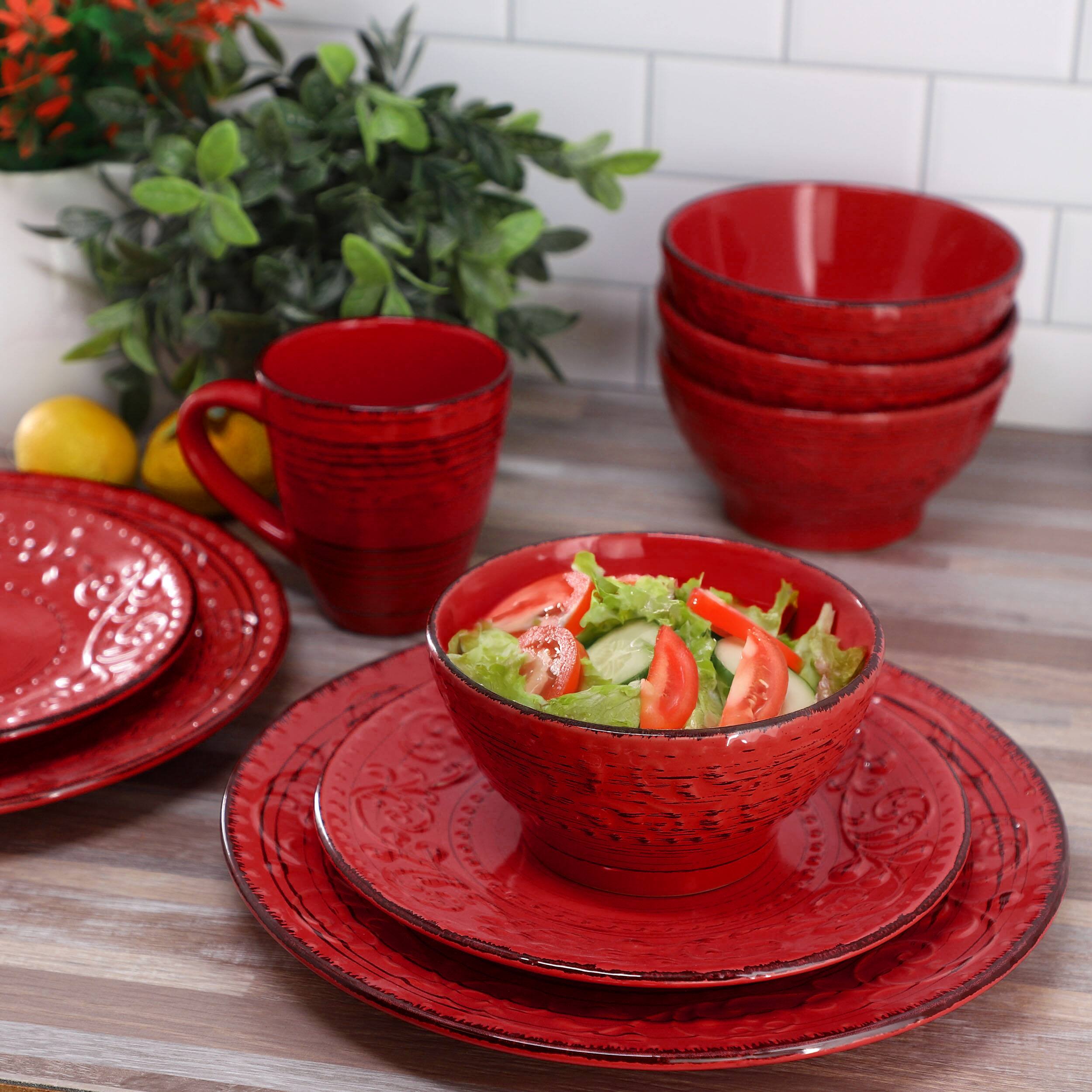 Alt View 8. Elama - Elama Malibu Ocean Bloom 16-Piece Dinnerware Set in Red - Red.