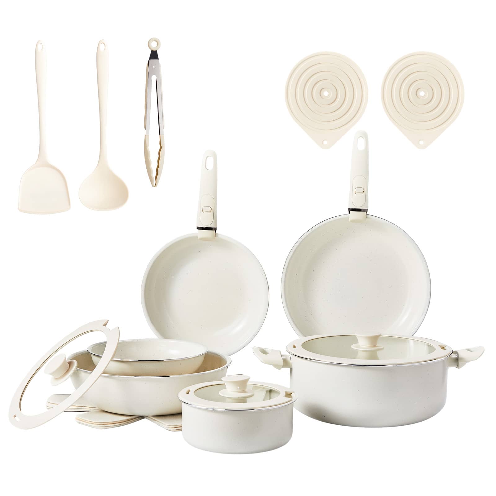Winado - 22 Piece Nonstick Cookware Set with Non Stick Surface, Detachable Handles, 6 Pots & 3 Lids, Dishwasher Safe, All Stoves - White