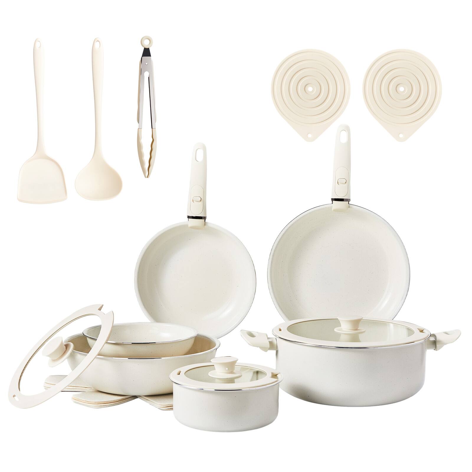 Front. Winado - 22 Piece Nonstick Cookware Set with Non Stick Surface, Detachable Handles, 6 Pots & 3 Lids, Dishwasher Safe, All Stoves - White.