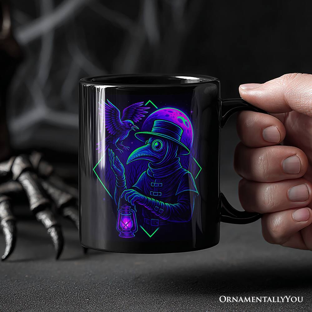 Left. OrnamentallyYou - Vaporwave Plague Doctor Mug, Retro Neon Horror Vibes Halloween Gift - Black.