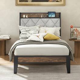 AOITUN - Twin Bed Frame with Headboard & Storage Drawers, Upholstered Platform Bed with Charging Station, Style - Industrial