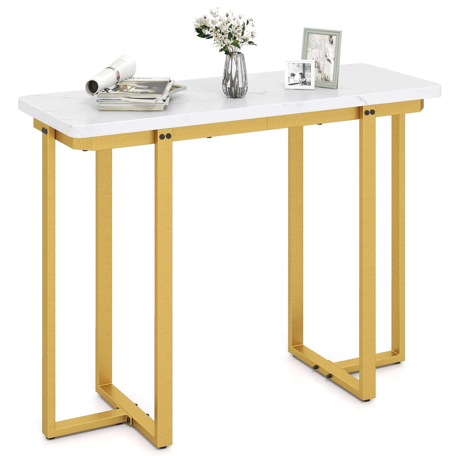 Gymax - Console Table 42'' Modern Faux Marble Entryway Table w/ Geometric Metal Frame - White