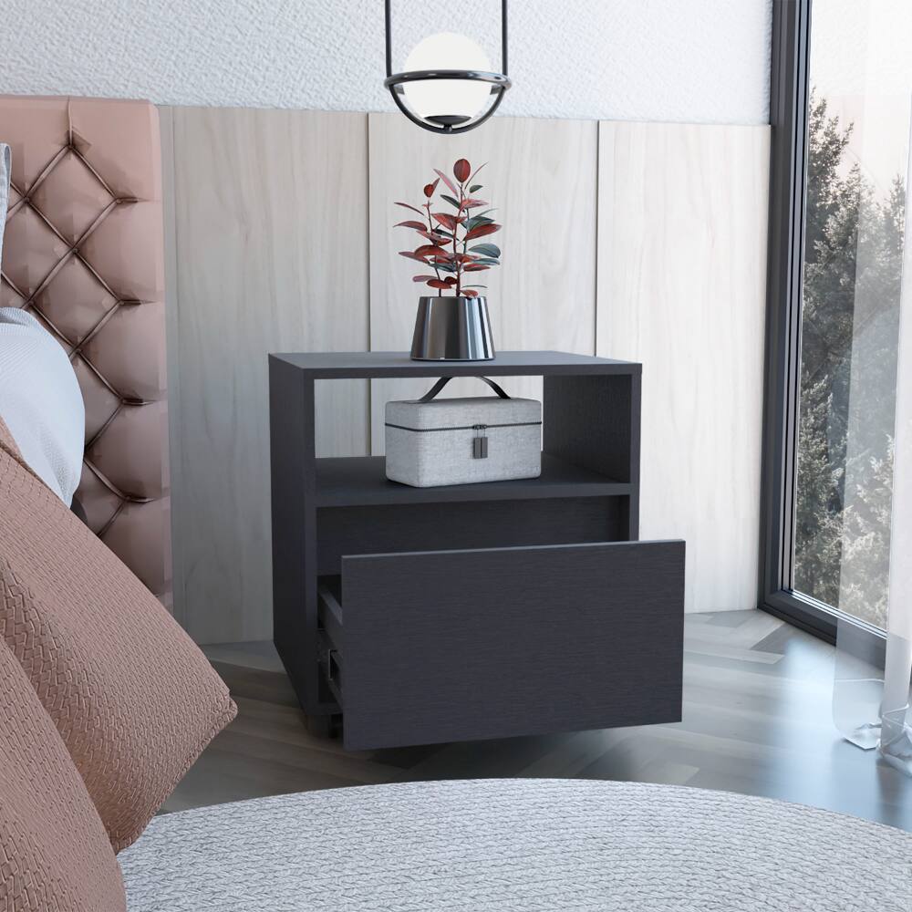 Back. Tiramisubest - Modern Nightstand with Drawer and Casters, Black, Space-Saving Design - White.