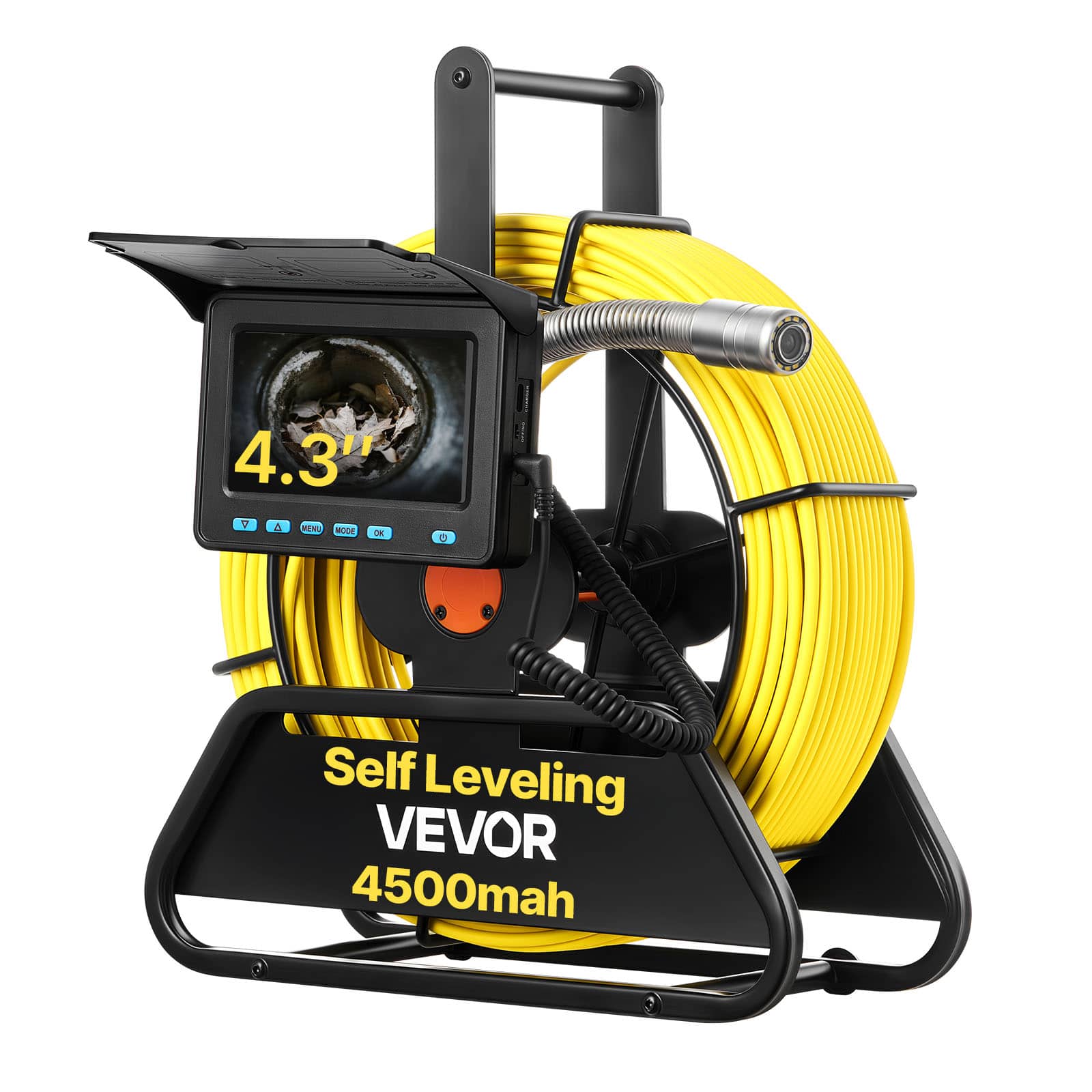 VEVOR - Sewer Camera, 98 ft/30m, Self-Leveling Drain Inspection Camera with 4.3" 1080P HD Screen, IP68 Waterproof Snake Plumbing - Yellow;Black