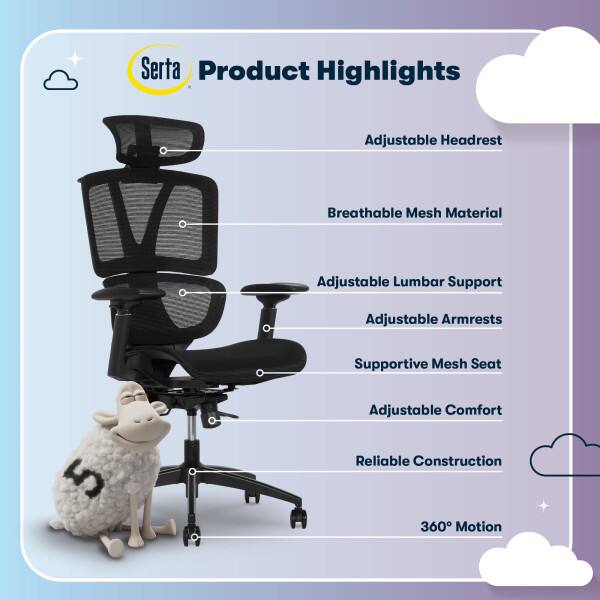 Serta Product Highlights  
- Adjustable Headrest  
- Breathable Mesh Material  
- Adjustable Lumbar Support  
- Adjustable Armrests  
- Supportive Mesh Seat  
- Adjustable Comfort  
- Reliable Construction  
- 360° Motion