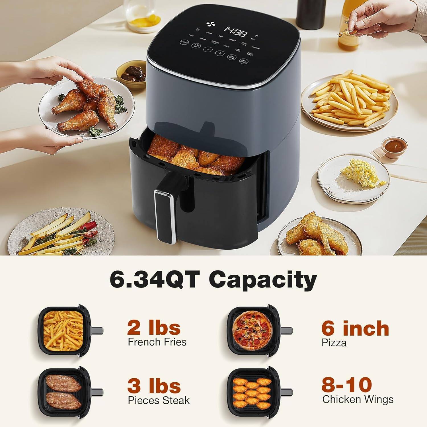 - 4X
- H88
- 6.34QT Capacity
- 2 lbs French Fries
- 6 inch Pizza
- 3 lbs Pieces Steak
- 8-10 Chicken Wings