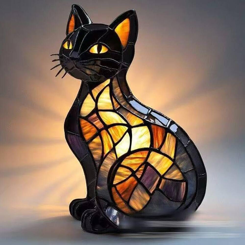 Angle. Schertz - Retro Cat Resin Table Lamp – 3D LED Stained Glass Night Light.