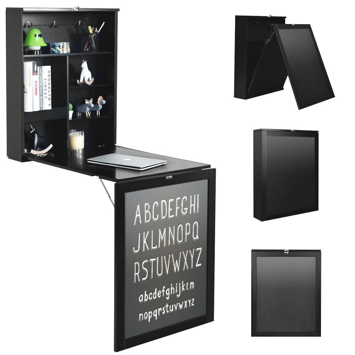 Gymax - Wall Mounted Table Fold Out Convertible Desk with A Blackboard/Chalkboard - Black