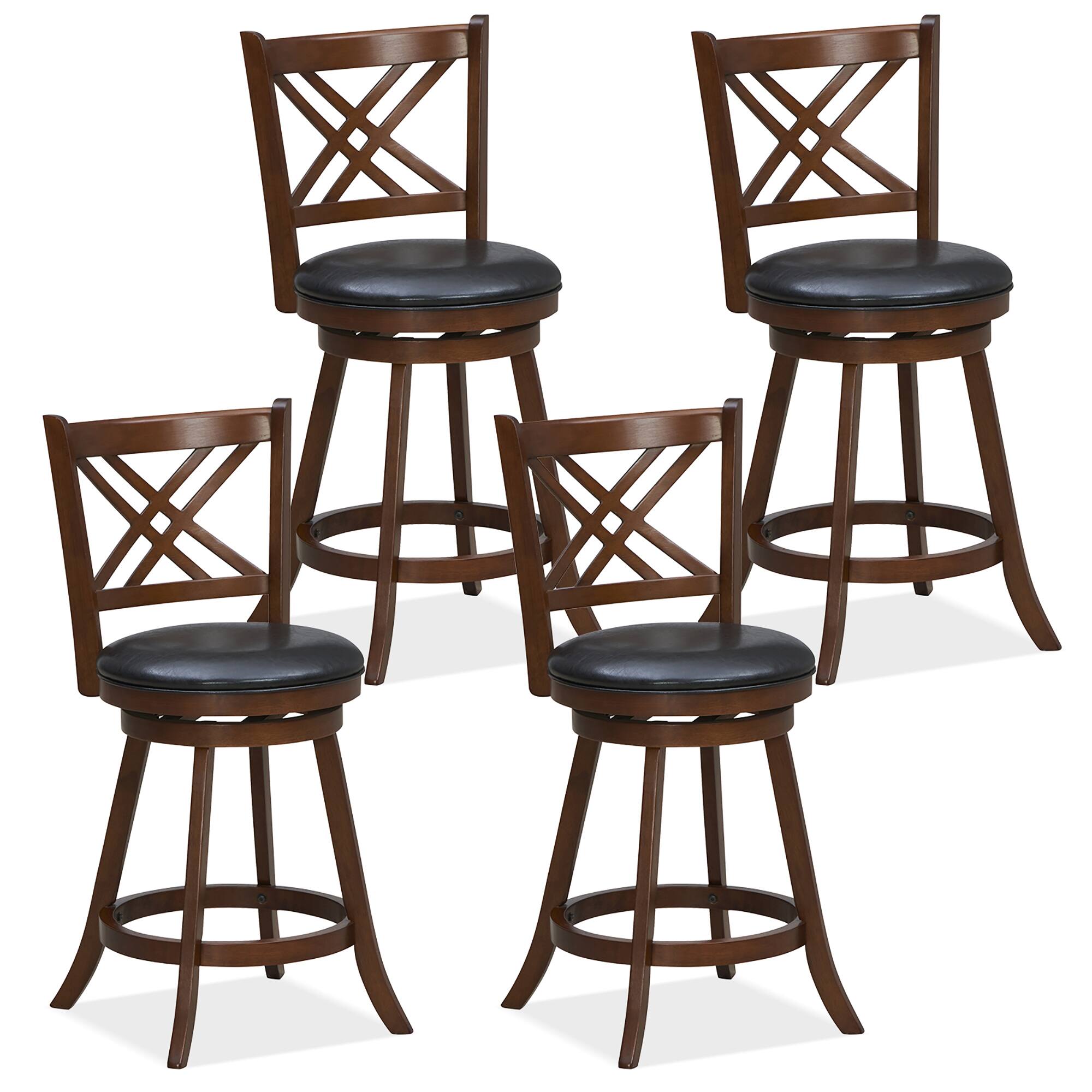 Front. Gymax - Gymax 360° Swivel Barstools Set of 4 24'' Counter Height Bar Chairs with Back & Footrest - Espresso, Black.