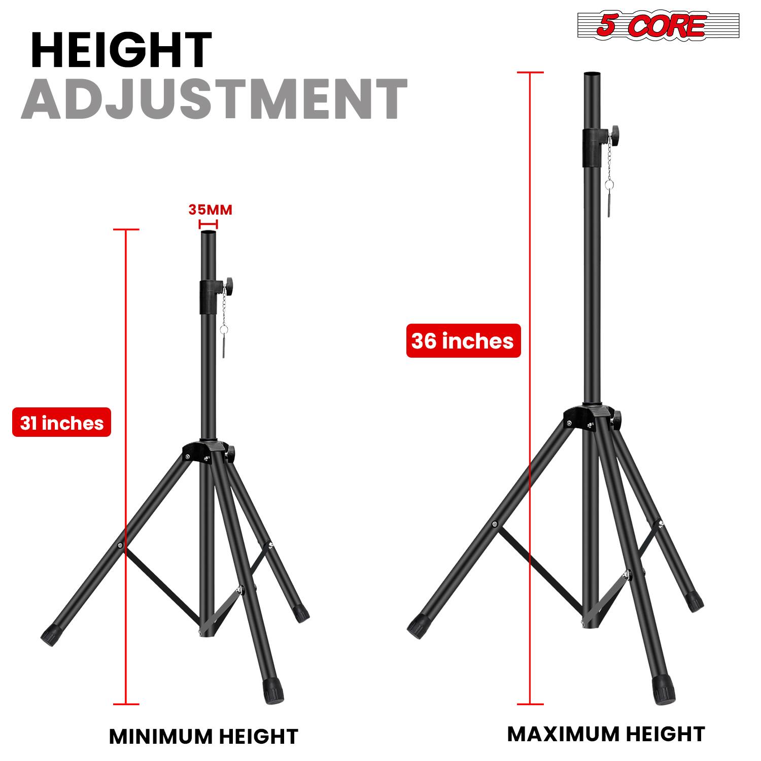HEIGHT ADJUSTMENT  
5 CORE  
35MM  
36 inches  
31 inches  
MINIMUM HEIGHT  
MAXIMUM HEIGHT