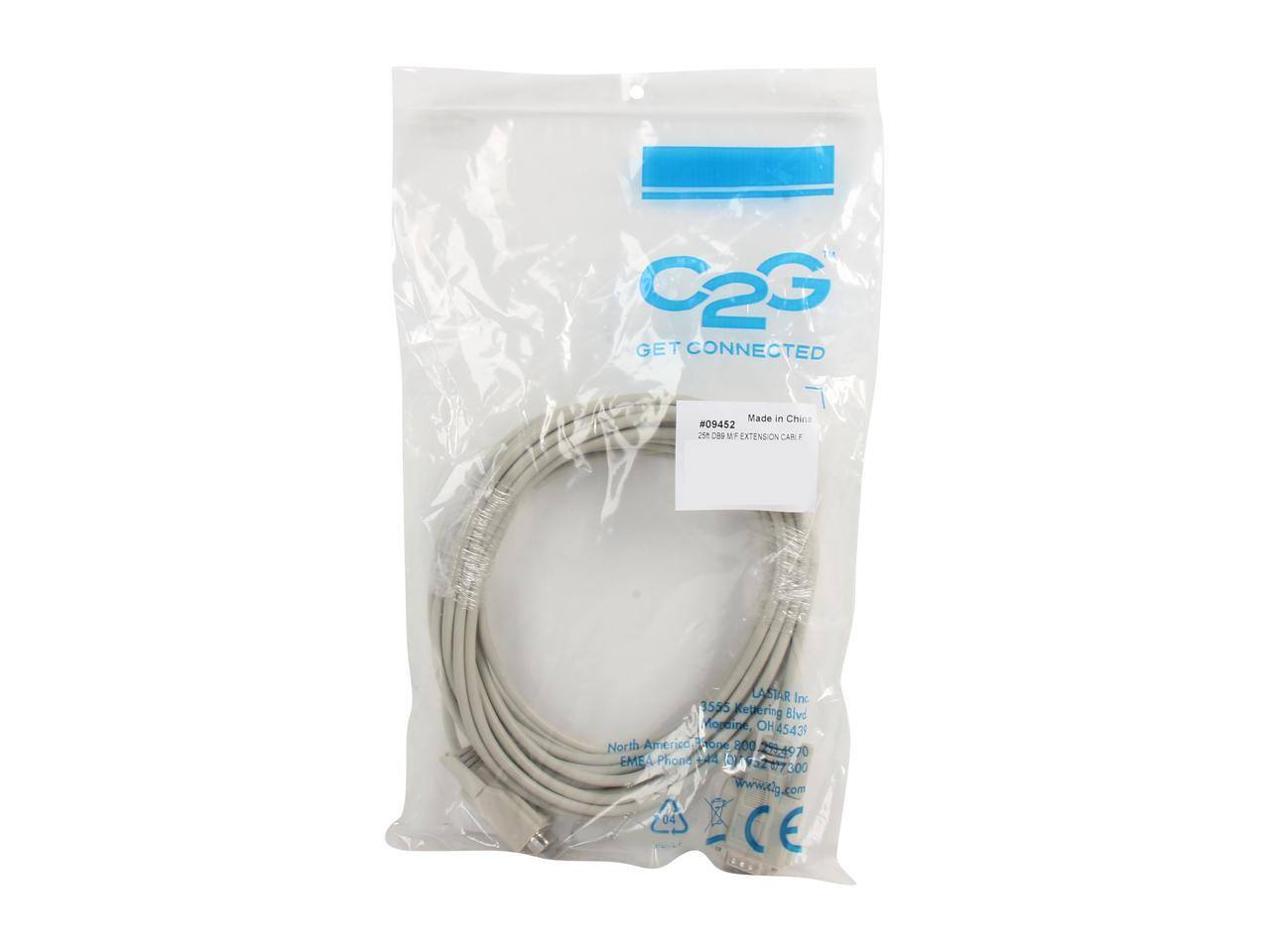 C2G GET CONNECTED  
Made in China  
#09452  
25' D88 MF EXTENSION CABLE  

In:  
3555 Keuering Blvd  
Hopdipe OH45439  
North America  
Phone: 800 2049 70  

EMEA  
Phone: 2077300  
V: 400  
www.eig.com  

CE