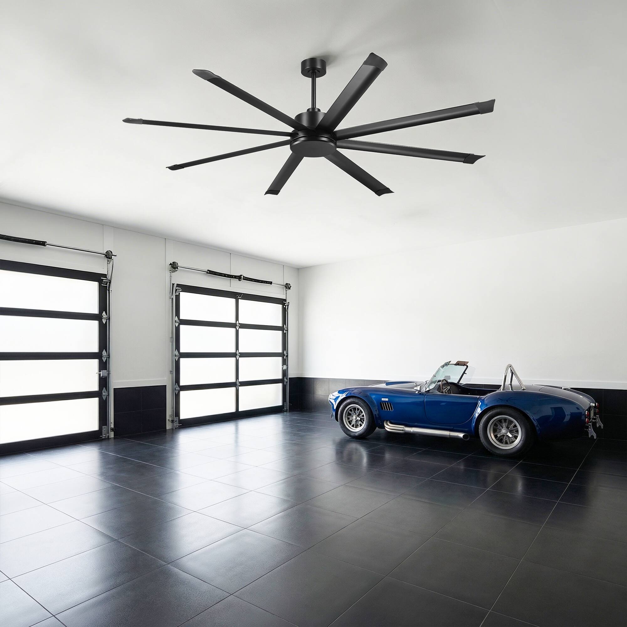 Left. Vaczon - 84" Industrial 8-Blade Aluminum 6-Speed HVLS Commercial Ceiling Fan with DC Motor and Remote Control, No Light - Matte Black.