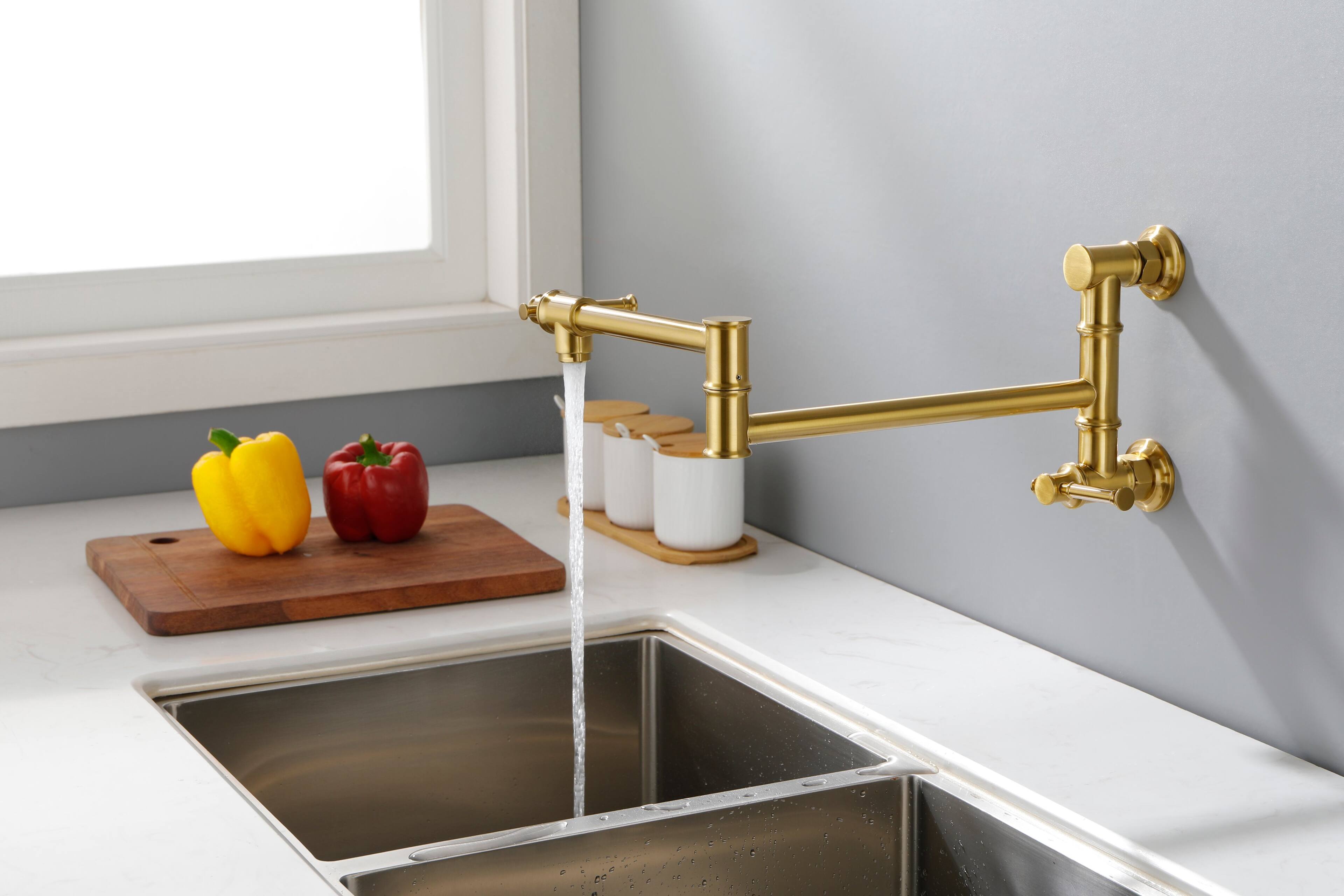 Alt View 5. Siljoy - Wall Mount Pot Filler Faucet Modern Brass Pot Filler Two-Attachment Wall Mount Folding Kitchen Pot Filler Swing Arm - Gold.