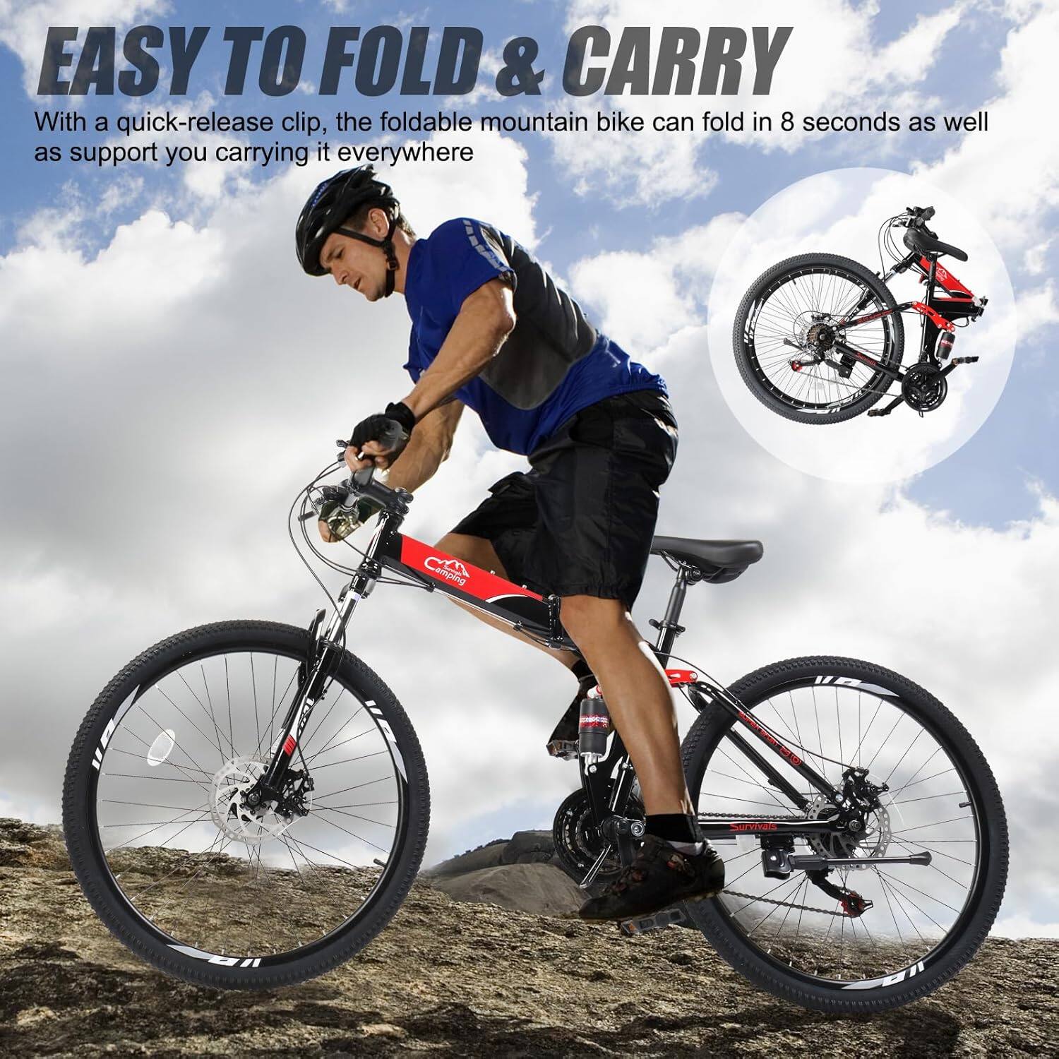 EASY TO FOLD & CARRY

With a quick-release clip, the foldable mountain bike can fold in 8 seconds as well as support you carrying it everywhere.