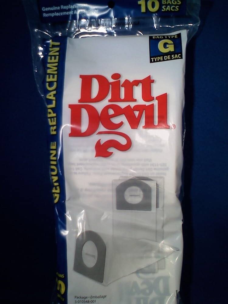 Genuine Replacement  
Remplacement Authentique  

Dirt Devil  

10 BAGS  
10 SACS  

BAG TYPE  
TYPE DE SAC  

G  

Package • Emballage  
3-010348-001