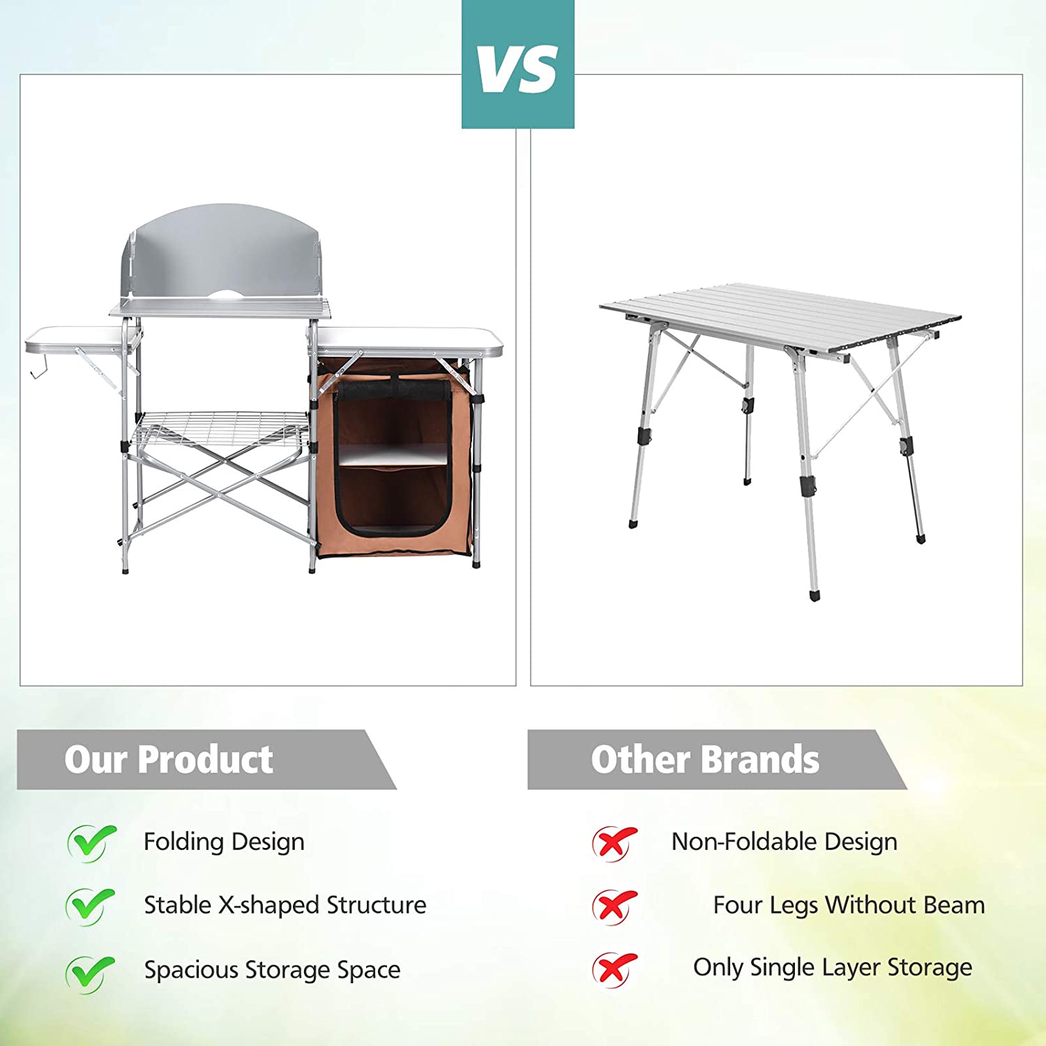 VS

Our Product  
- Folding Design  
- Stable X-shaped Structure  
- Spacious Storage Space  

Other Brands  
- Non-Foldable Design  
- Four Legs Without Beam  
- Only Single Layer Storage