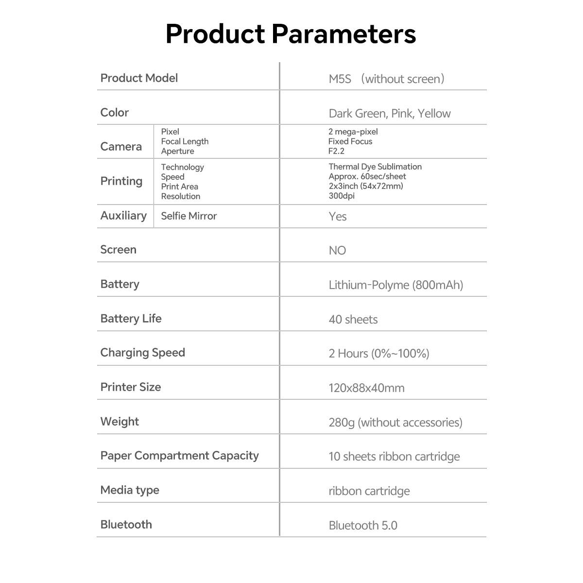 Product Parameters

Product Model: M5S (without screen)

Color: Dark Green, Pink, Yellow

Camera:
- Pixel: 2 mega-pixel
- Focal Length: Fixed Focus
- Aperture: F2.2

Printing:
- Technology: Thermal Dye Sublimation
- Speed: Approx. 60sec/sheet
- Print Area: 2x3inch (54x72mm)
- Resolution: 300dpi

Auxiliary: Selfie Mirror - Yes

Screen: NO

Battery:
- Type: Lithium-Polymer (800mAh)
- Battery Life: 40 sheets
- Charging Speed: 2 Hours (0%~100%)

Printer Size: 120x88x40mm

Weight: 280g (without accessories)

Paper Compartment Capacity: 10 sheets ribbon cartridge

Media type: ribbon cartridge

Bluetooth: Bluetooth 5.0