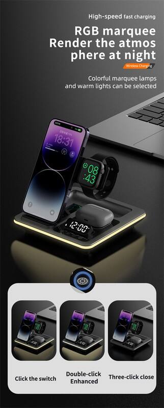 High-speed fast charging  
RGB marquee  
Render the atmosphere at night  
Wireless Charging  

Colorful marquee lamps and warm lights can be selected  

18:31  
08:43  
12:00  

Click the switch  
Double-click Enhanced  
Three-click close