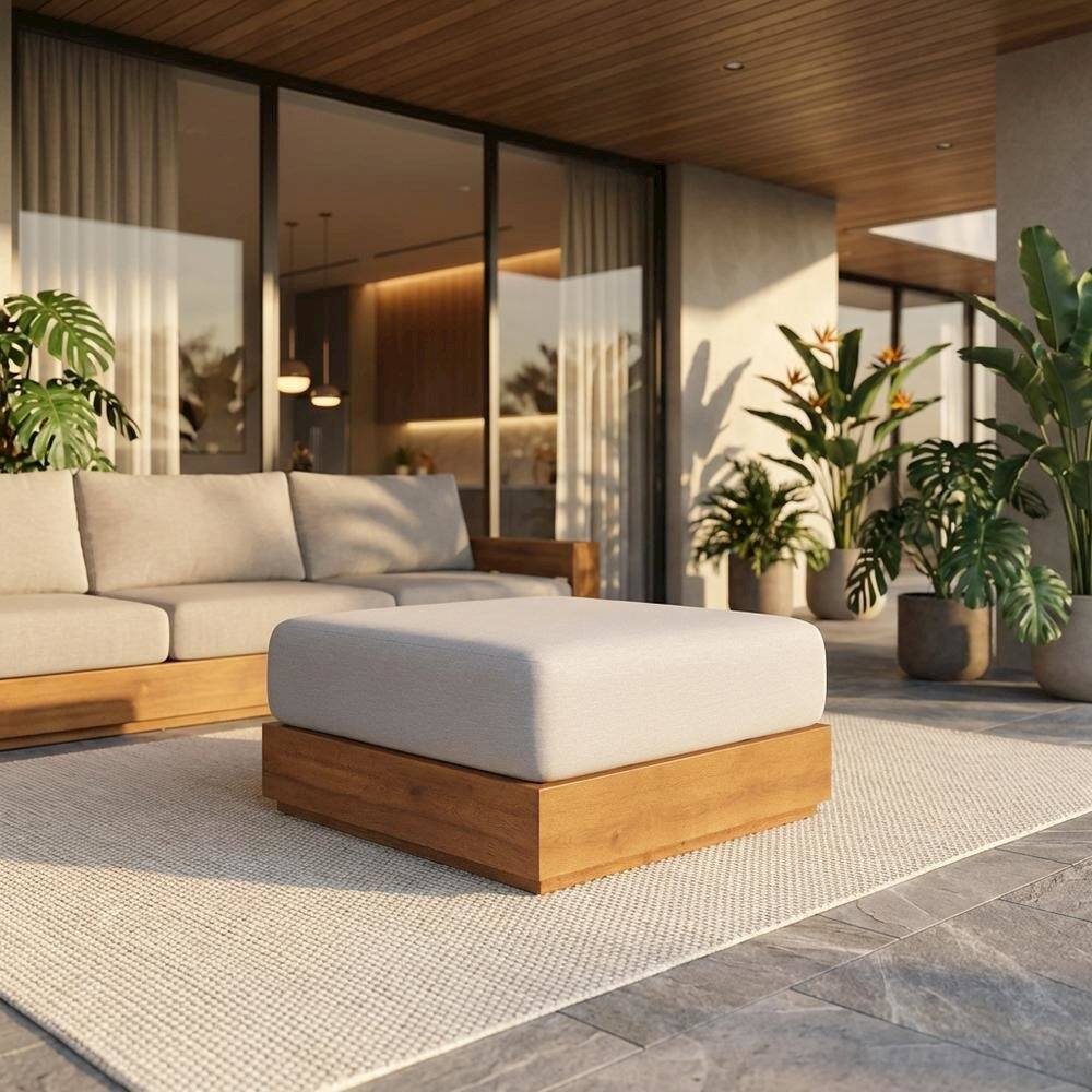 Angle. Outdoor Escape - Outdoor Patio Ottoman with Acacia Wood Top and Stylish Design - Gray.