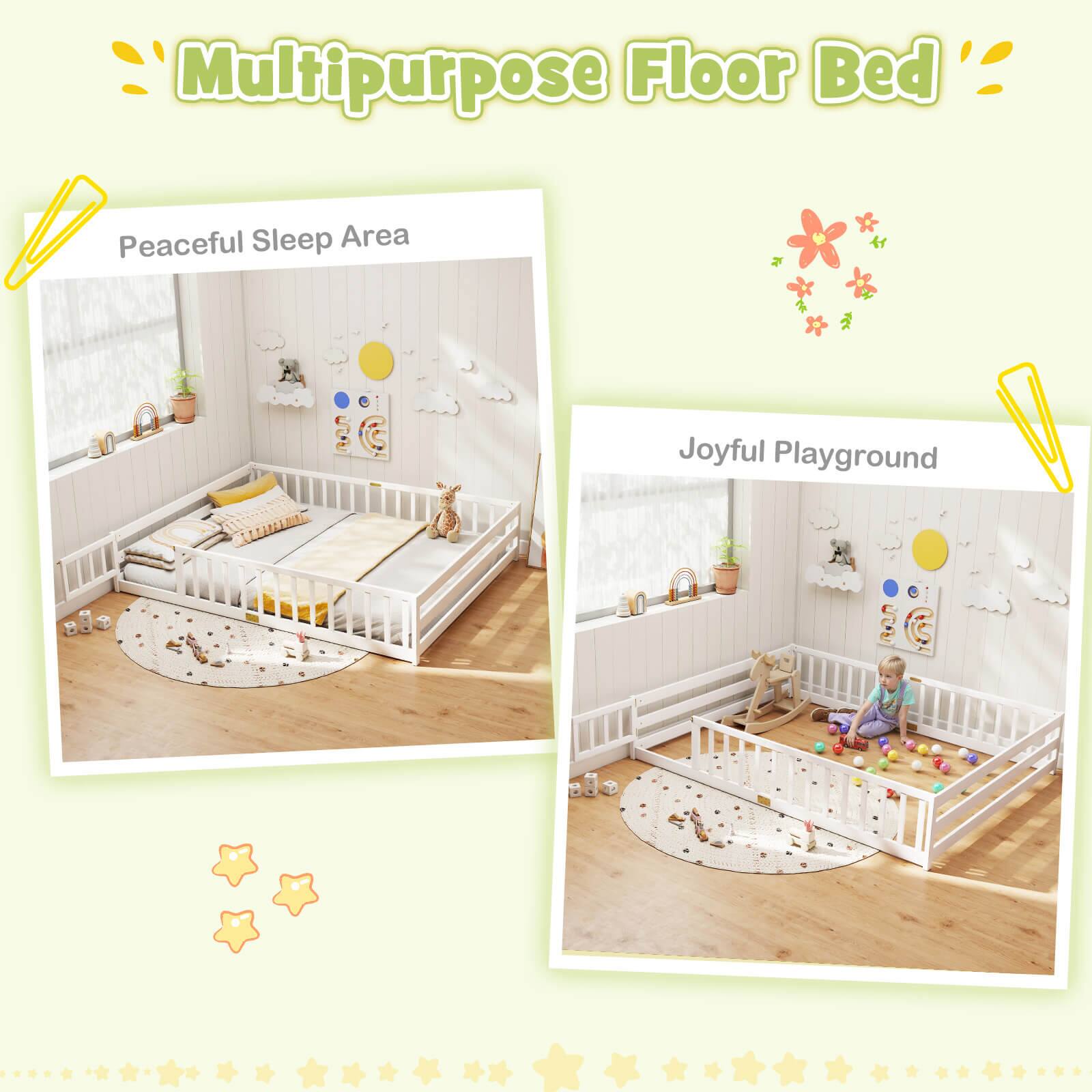 Alt View 8. Costway - Costway Queen Size Floor Bed with Full Length Safety Guardrails & Door for Boys, Girls - White.