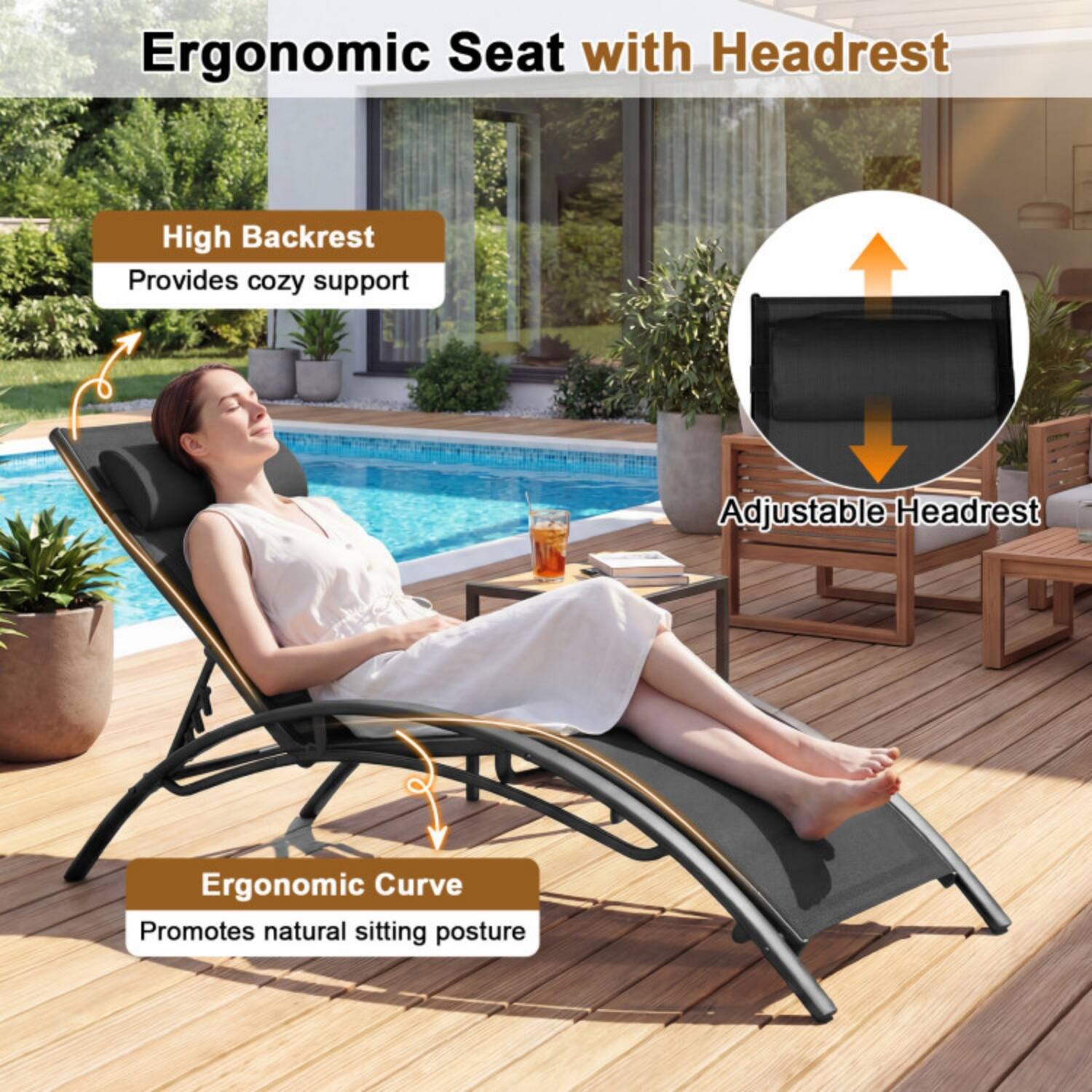 Ergonomic Seat with Headrest

- High Backrest
  - Provides cozy support

- Adjustable Headrest

- Ergonomic Curve
  - Promotes natural sitting posture