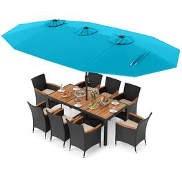 Costway - 11 PCS Patio Wicker Dining Set with Double-Sided Outdoor Umbrella 8 Stackable Chairs - Turquoise,White