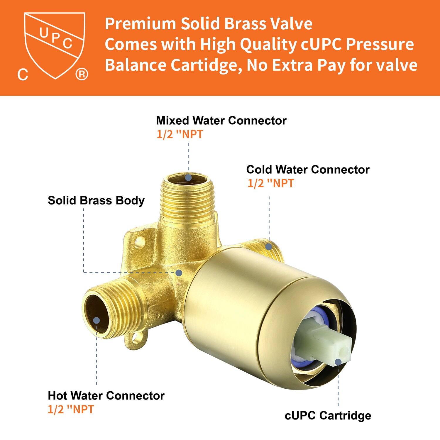 Premium Solid Brass Valve  
Comes with High Quality cUPC Pressure Balance Cartridge, No Extra Pay for valve  

- Solid Brass Body  
- Mixed Water Connector 1/2" NPT  
- Cold Water Connector 1/2" NPT  
- Hot Water Connector 1/2" NPT  
- cUPC Cartridge