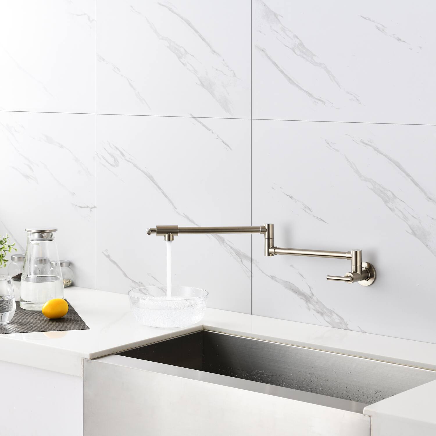 Alt View 1. Siljoy - Wall Mount Folding Kitchen Pot Filler Faucet - Brushed Nickel.