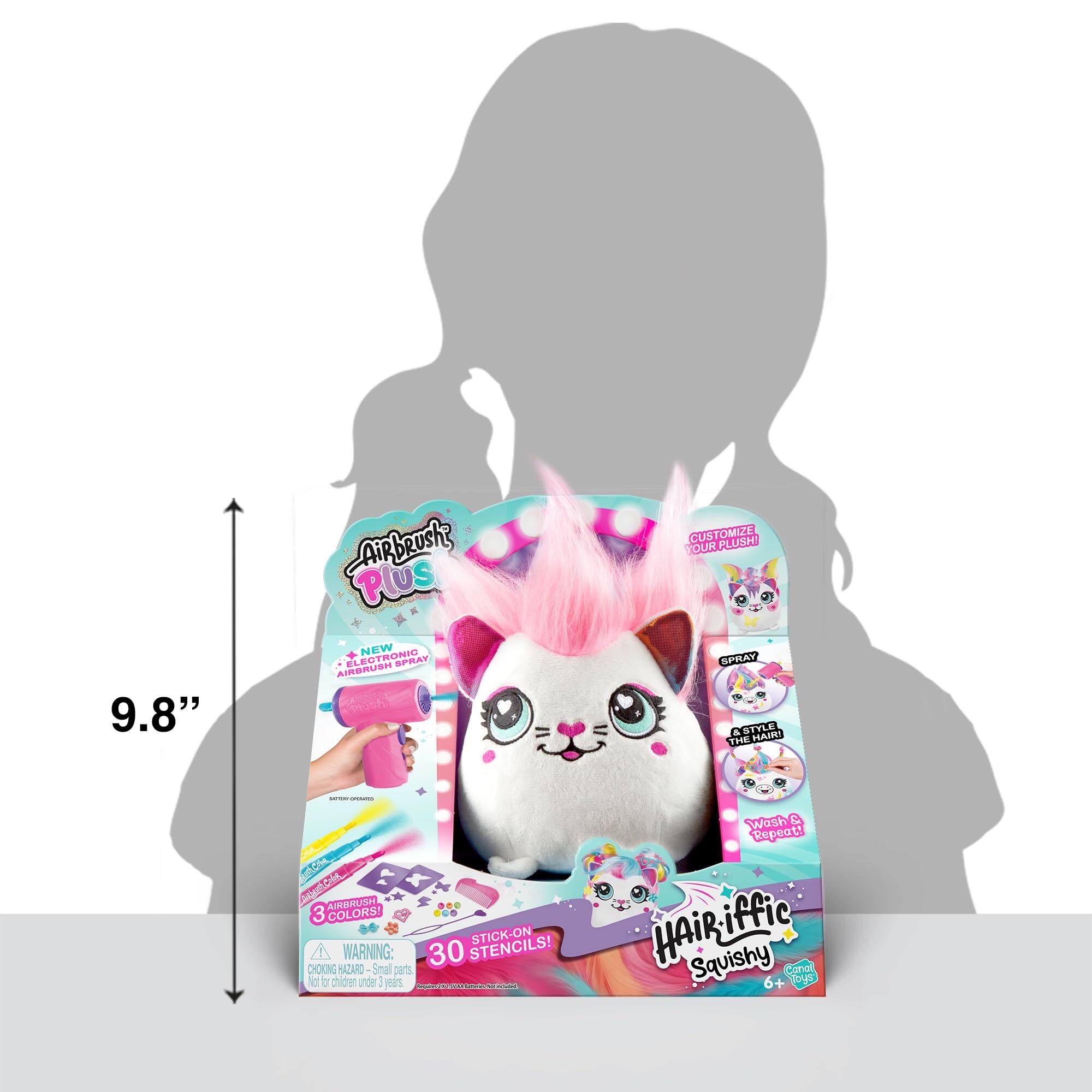 9.8" Airbrush Plus NEW ELECTRONIC SPRAY AIRBRUSH PRO! CUSTOMIZE PLUSH OUR SPRAY STYLE THE HAIR! - Com n.Cl HEUHBRIA 3 COLORS STICK-ON WARNING: 30 STENCILS! CHOKING HAZARD - Small parts not for children under 3 years. Hairiffic Squishy Cmell Tous
