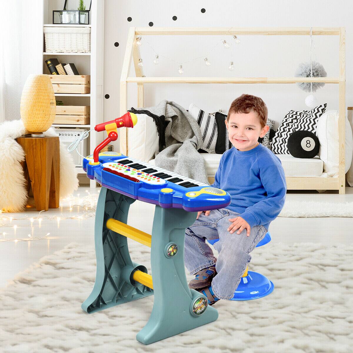 Alt View 4. Gymax - Gymax 37 Key Electronic Keyboard Kids Toy Piano MP3 Input w/ Microphone & Stool Blue - blue.