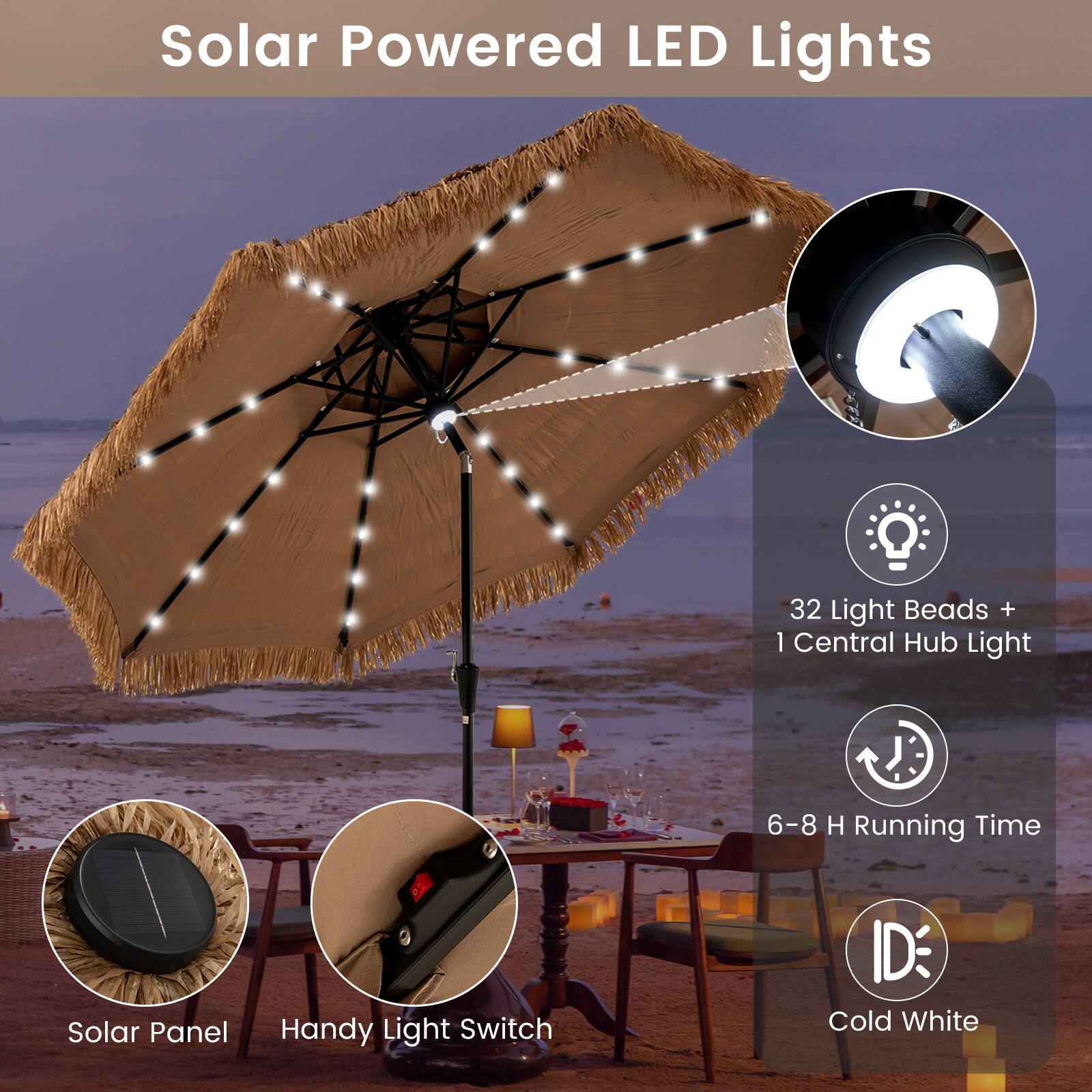 Solar Powered LED Lights

- 32 Light Beads + 1 Central Hub Light
- 6-8 H Running Time
- Solar Panel
- Handy Light Switch
- Cold White
