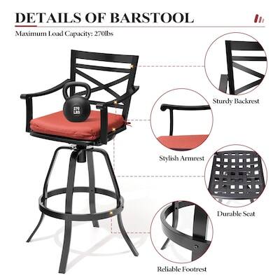 DETAILS OF BARSTOOL  
Maximum Load Capacity: 270lbs  
Sturdy Backrest  
Stylish Armrest  
Durable Seat  
Reliable Footrest
