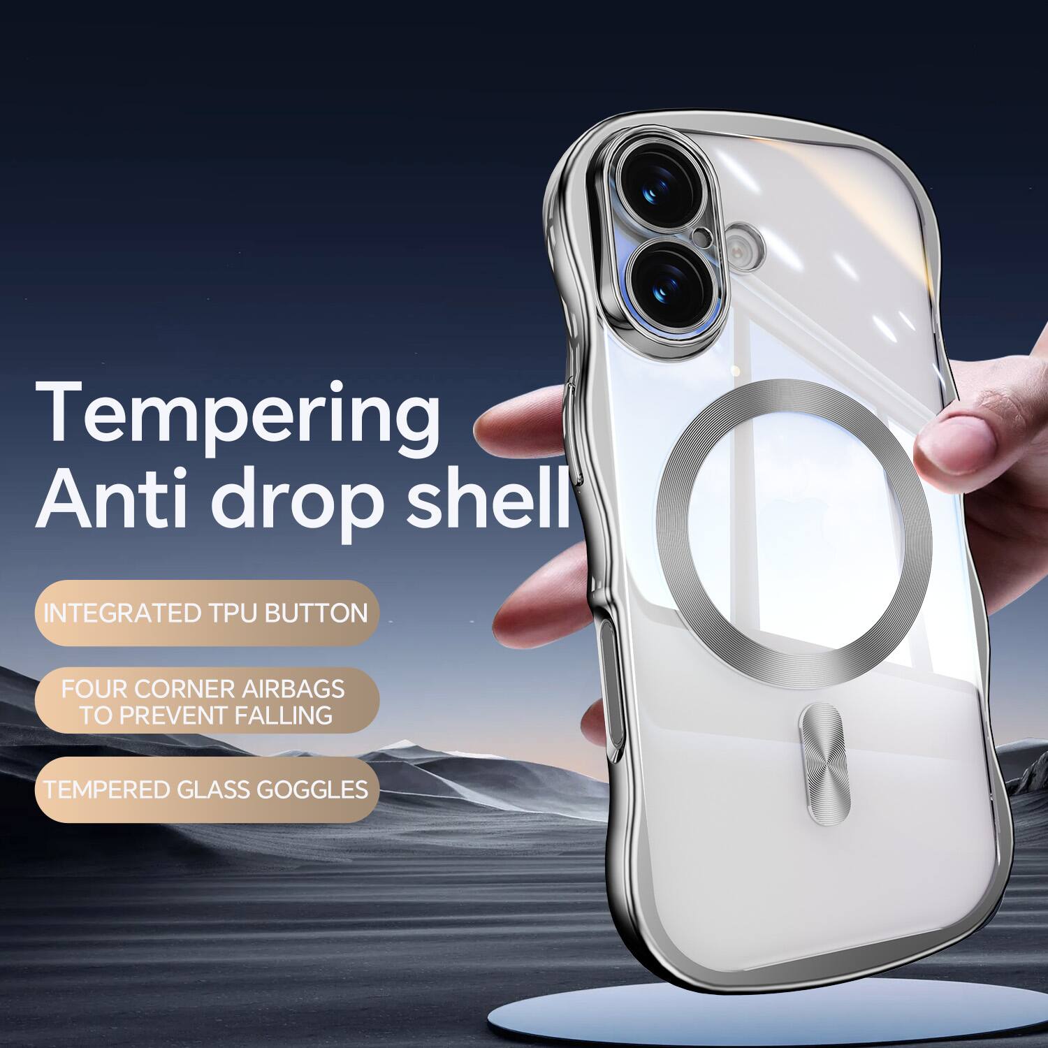 Tempering Anti drop shell  
INTEGRATED TPU BUTTON  
FOUR CORNER AIRBAGS TO PREVENT FALLING  
TEMPERED GLASS GOGGLES