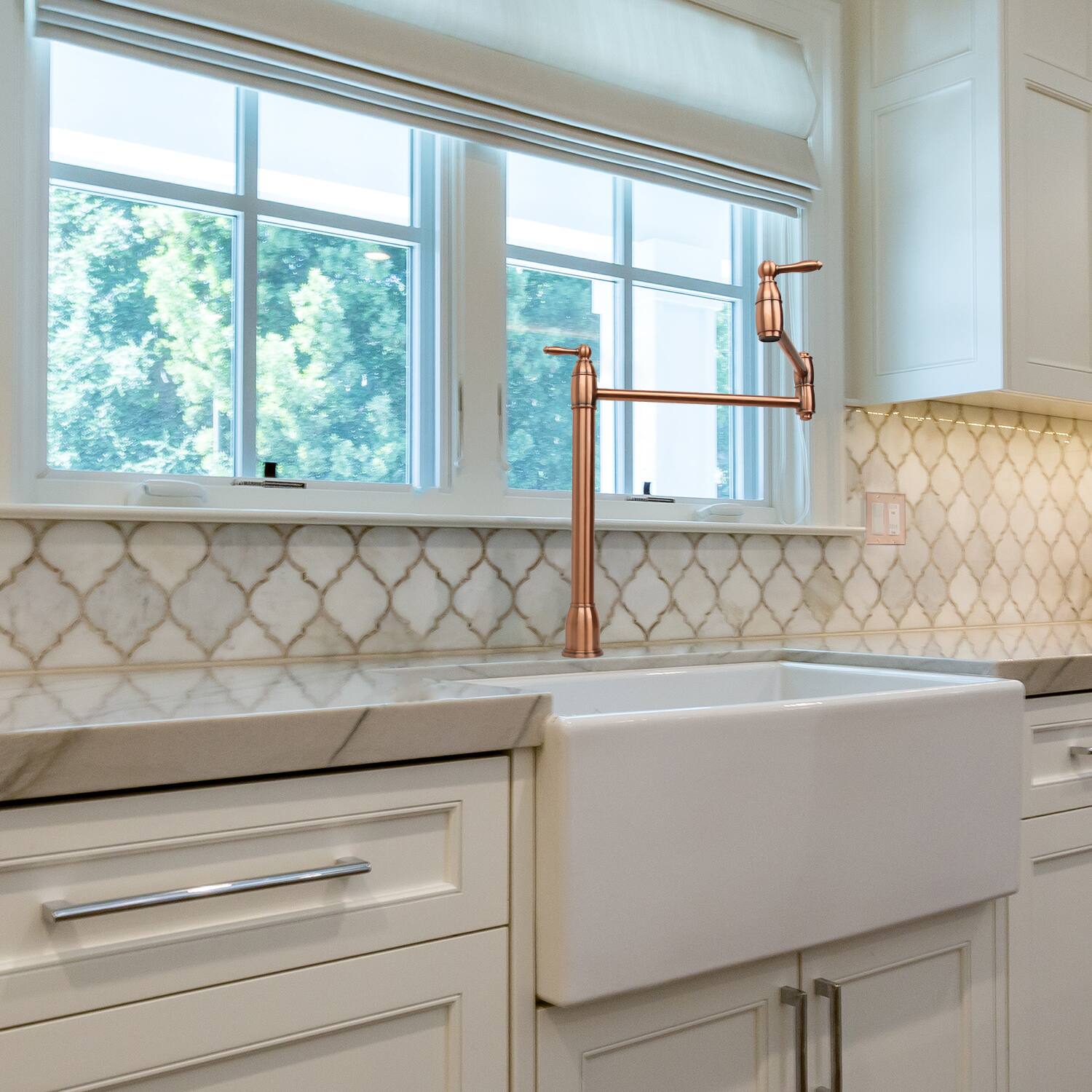 Alt View 4. Akicon - Akicon Solid Brass Deck-Mounted Pot Filler Kitchen Faucet with Dual Joint Swing Arms in Copper - Copper.