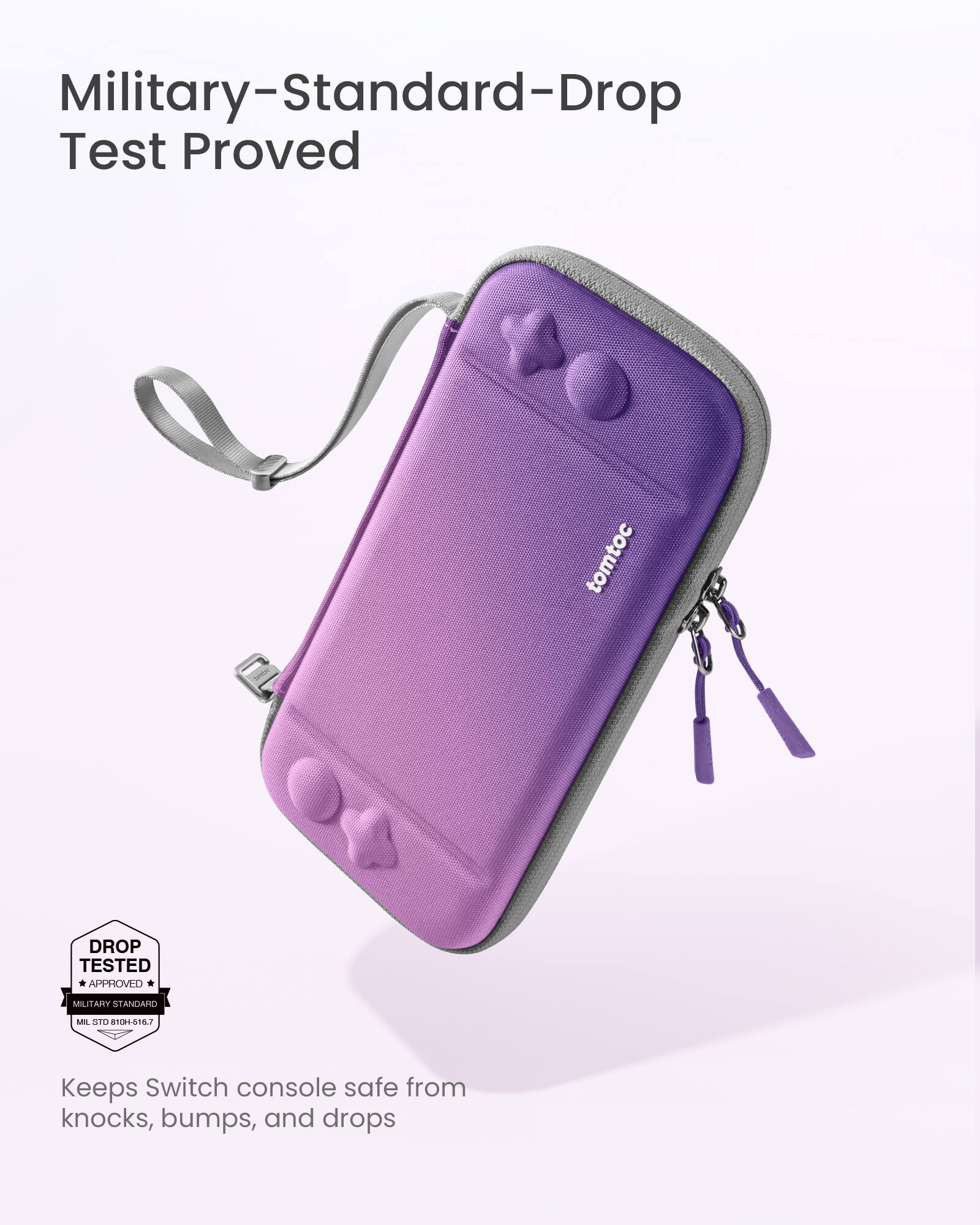 Military-Standard-Drop Test Proved tomtoc pm DROP TESTED APPROVED MILITARY STANDARD MIL STO 1181512 Keeps Switch console safe from knocks, bumps, and drops.