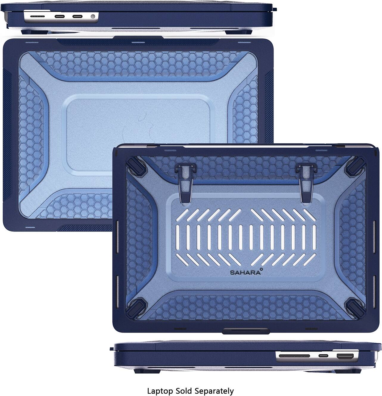 The image features a blue Sahara laptop case that is sold separately. The case is designed to fit the laptop securely and protect it from damage. The case is made of durable materials and has a sleek, modern design. The laptop is not included in the case, so it must be purchased separately.