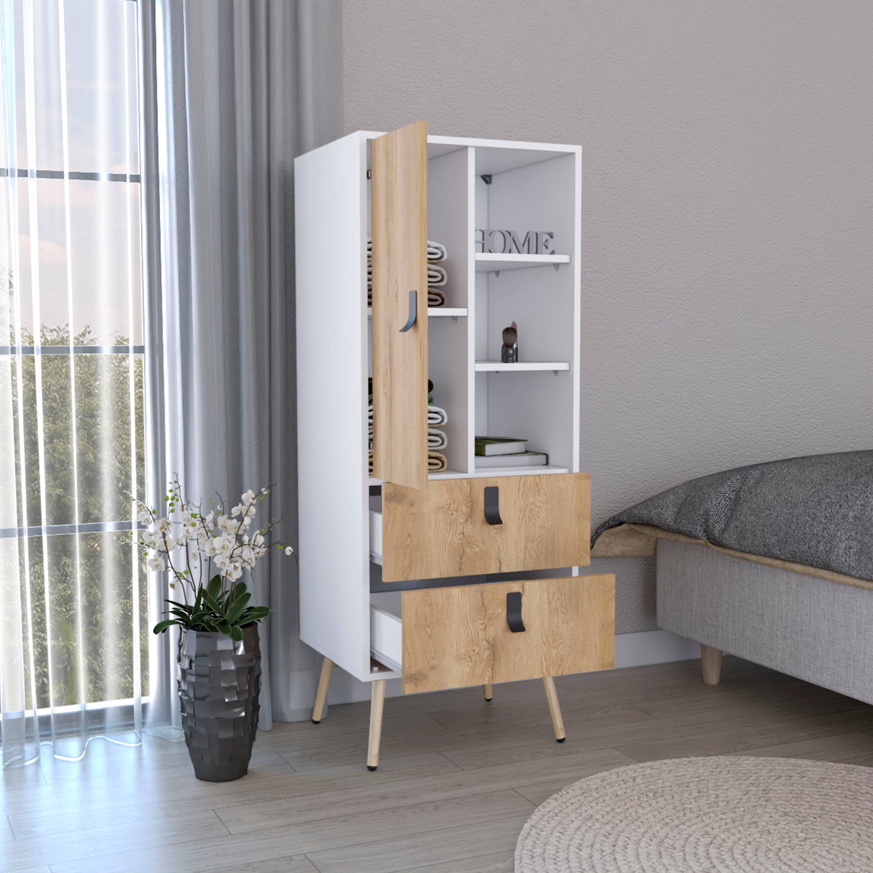 Back. TuHome - Huna Tall Dresser, Unit With Door, 2 Drawers, And Open Shelves - White / Macadamia.