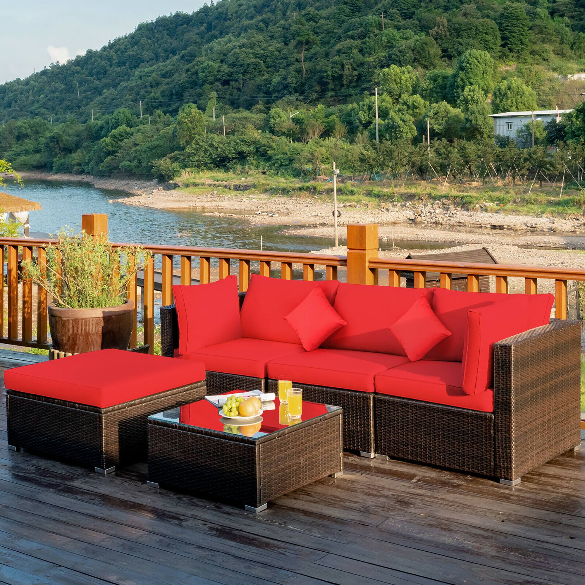 Alt View 3. Costway - Costway 5PCS Outdoor Patio Rattan Furniture Set Sectional Conversation W/Red Cushions - Red.