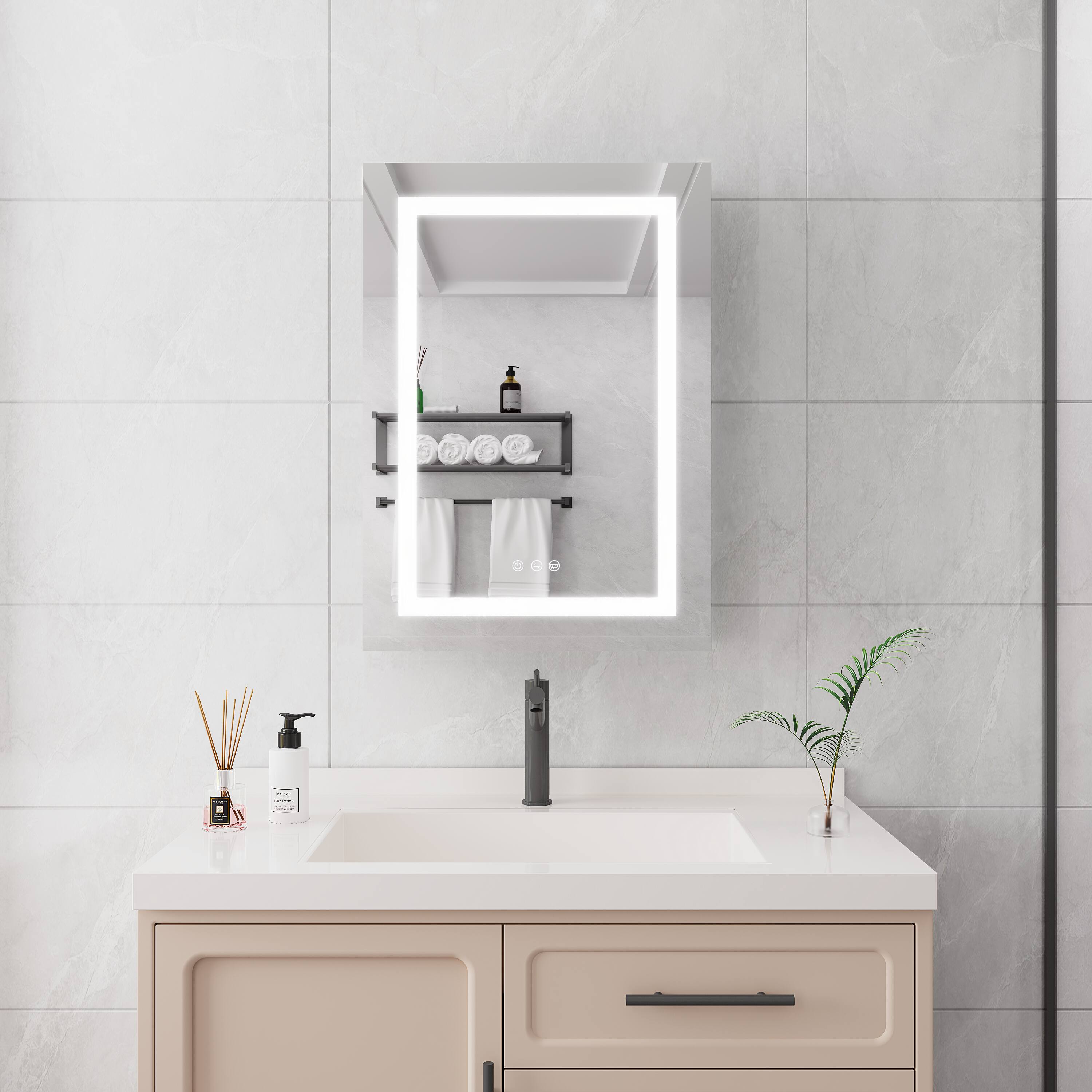 Front. Boyel Living - 20x28 Inch Bathroom Medicine Cabinet with LED Mirror Single Door Wall Mounted Anti Fog Dimmable - Silver.
